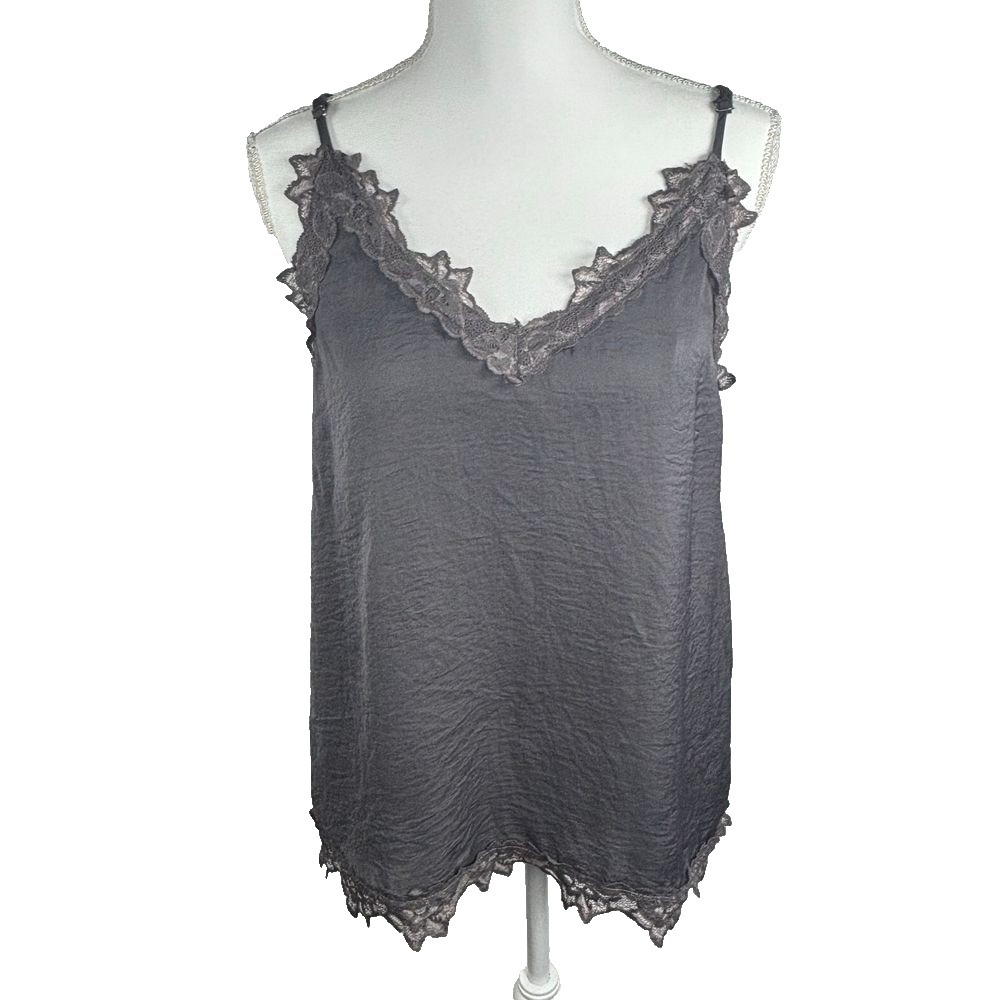 Y2K VTG Cami Top Sz M Gray Lace Trim Adjustable Strap Fairy Grunge Whimsigoth
